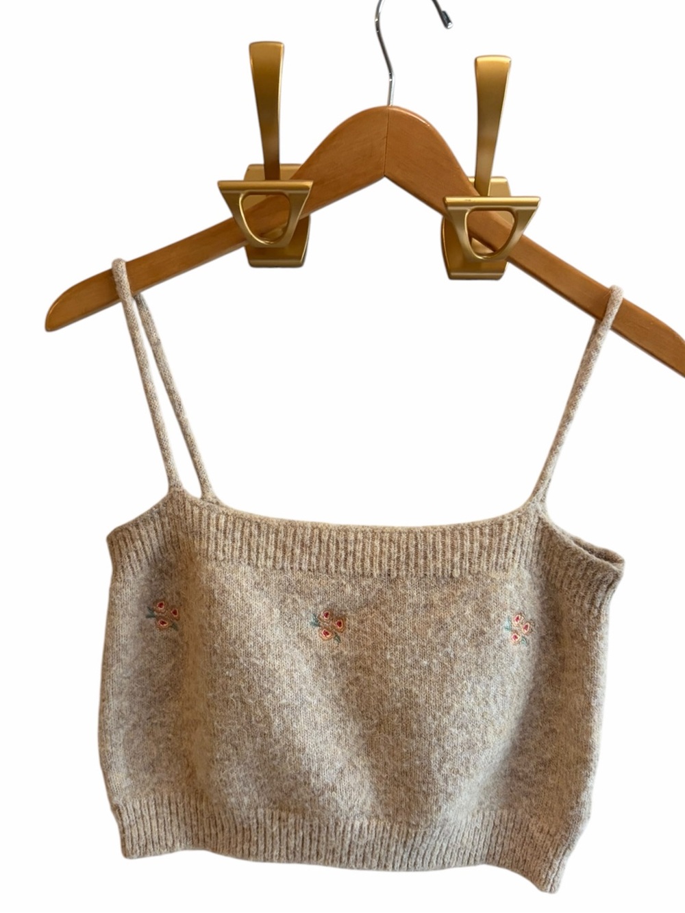 BOHME Tan Floral Embroidered Crop Tank Top